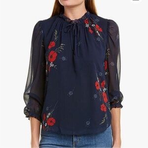 Joie Rafaella Floral 100% Silk Chiffon Blouse In Blue Size M